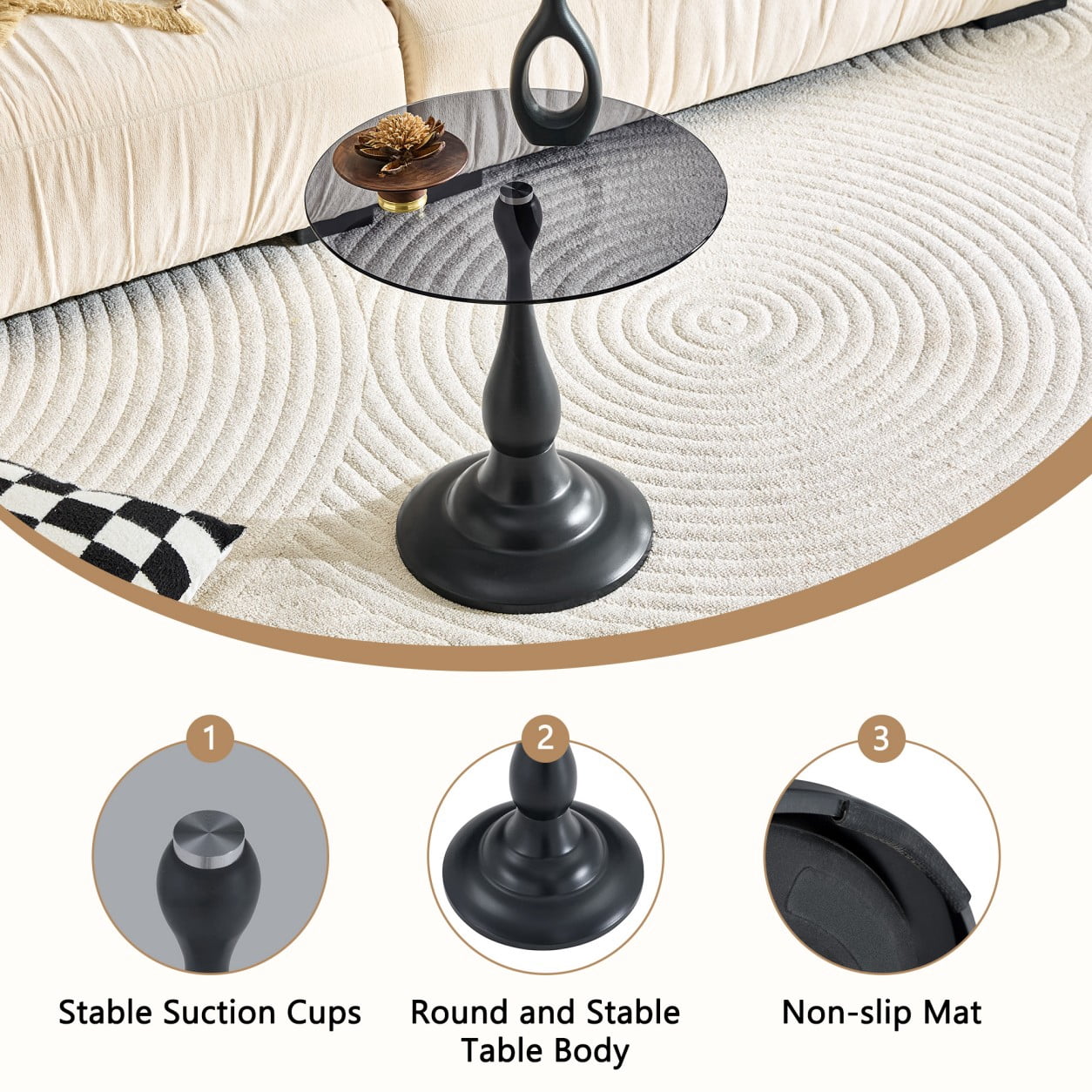 19.6" Round Side Table, Black Tempered Glass Top with Gray Metal Base, Modern End Table, Nightstand, Sofa Table for Living Room Bedroom