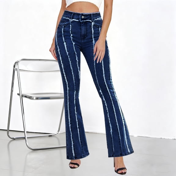 Women's Plus Size Distressed Denim Pants, Mid-Rise Elastic Waist Vertical Frayed Stripe Jeans, Spring Summer Stretch Casual Trousers for Daily Wear Dark Blue