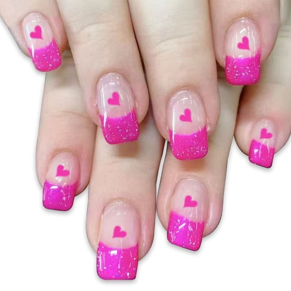 Heart Press on Nail Short Square Valentines False Nail Glossy Stick on Nail Full Cover False Nail for Women and Girls