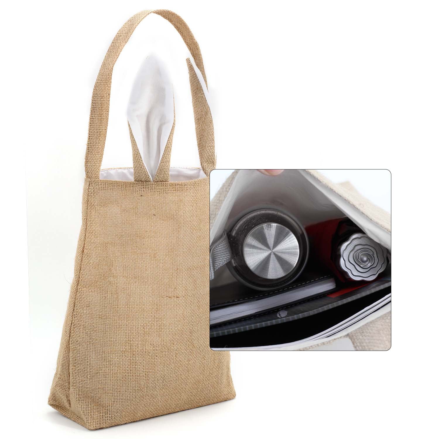 Easter Bunny Bag & Basket for Egg Hunts. Children's Tote Handbag Container with Bunny Ears Design, for Carrying Eggs, Candy, Gifts at Easter Party. (Bunny Ear Jute Tote Random colors 4 pk)