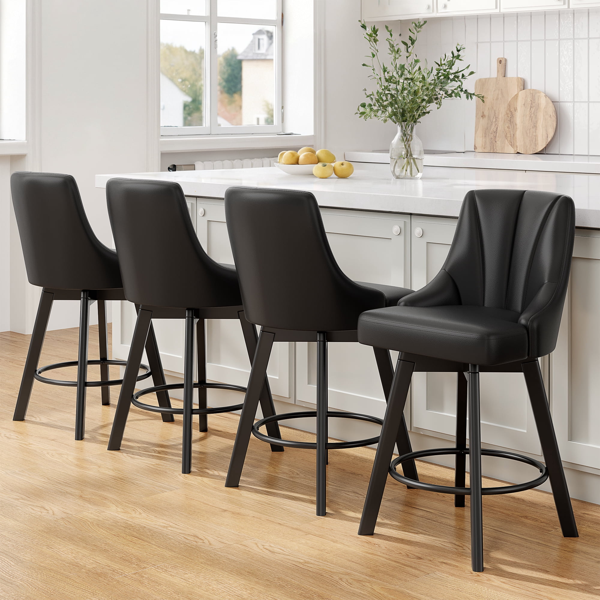 LainTene 24" Counter Height Swivel Bar Stools Set of 6, PU Leather Upholstered Counter Barstools with Solid Wood Legs and Backs for Kitchen Island, Home Bar