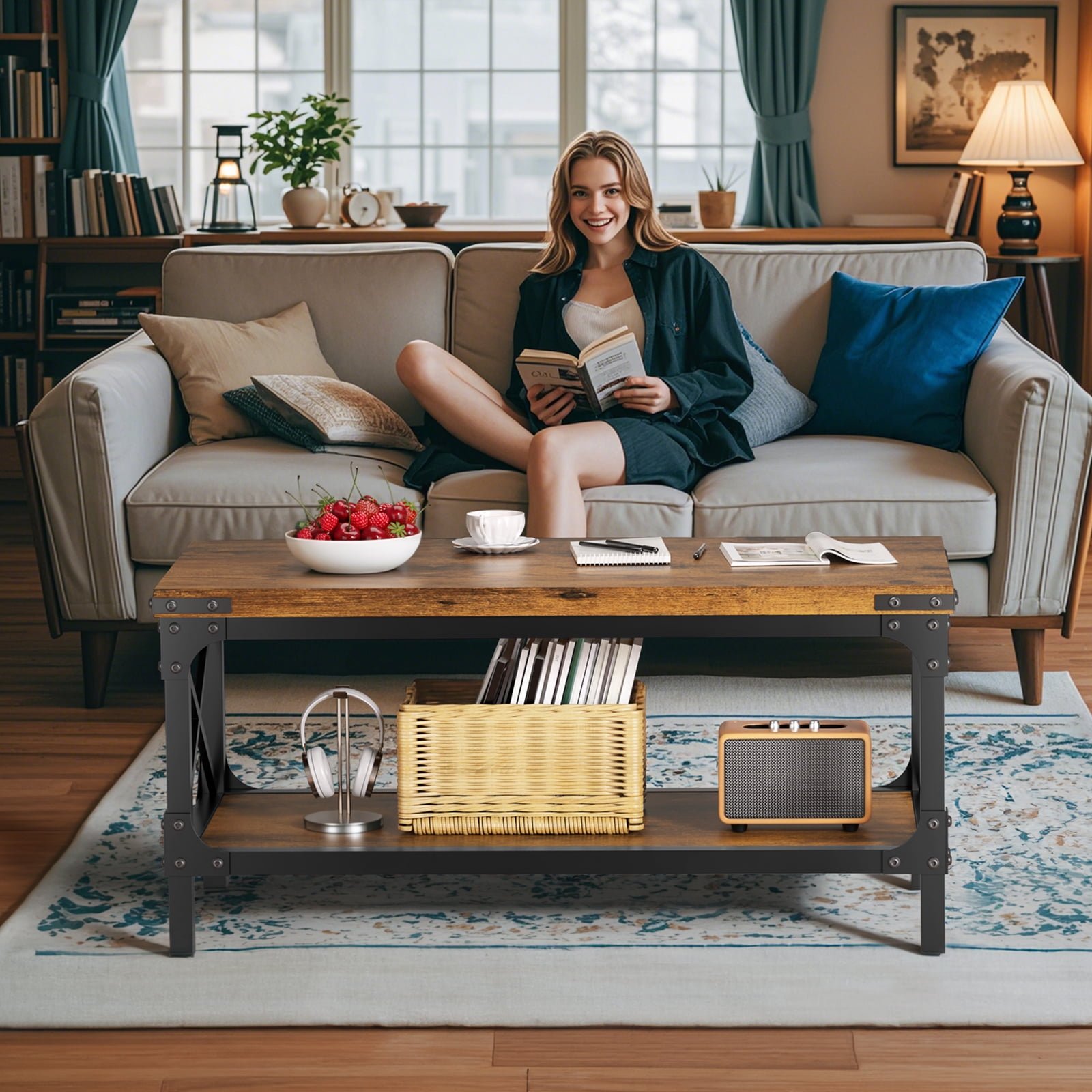 LazySpin Industrial Rectangle Wood Coffee Table for Living Room, Rustic Brown