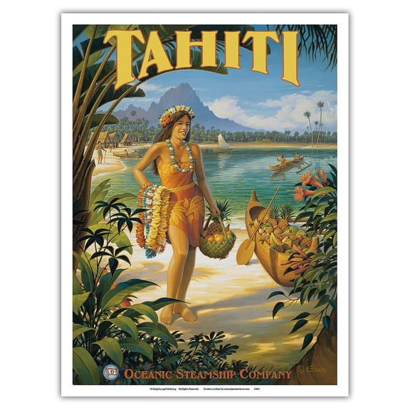 Tahiti - Oceanic Steamship Company - Tahitian Native with Fruit and Flower Leis - Vintage Ocean Liner Travel Poster by Kerne Erickson - Master Art Print (Unframed) 9in x 12in