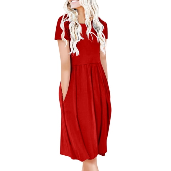 LOVZFMLL Fashion Women's Casual Women Short Sleeve Round Neck Pockets Solid Ladies Dress Red L