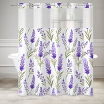 MIZHONA Purple Shower Curtain with Snap in Liner,Lavender Floral No Hook Waterproof Bath Curtain,71"× 83"
