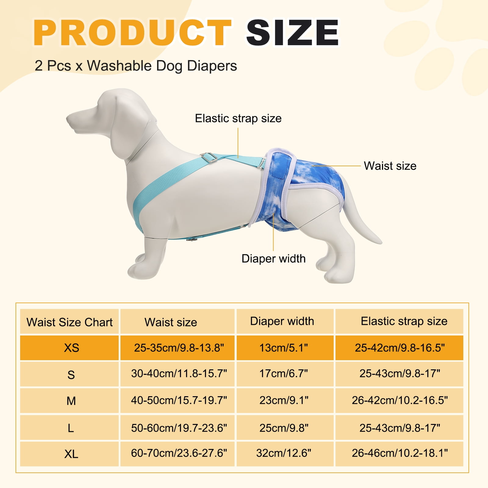 Washable Female Dog Diapers with Suspender, Reusable Dog Diapers Absorbent Leakproof(Tie-Dye Dark Blue/Tie-Dye Dark Pink XS, 2Pcs), Intended for Female in Heat Cycle