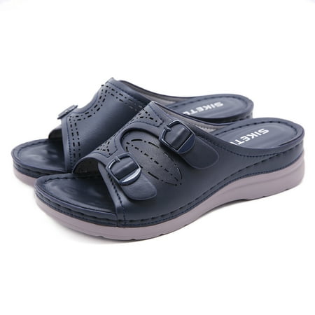 

Women‘s Buckle Bend Wedge Slippers Solid Color Open Toe Non-slip Slides Shoes Casual Beach Sandals