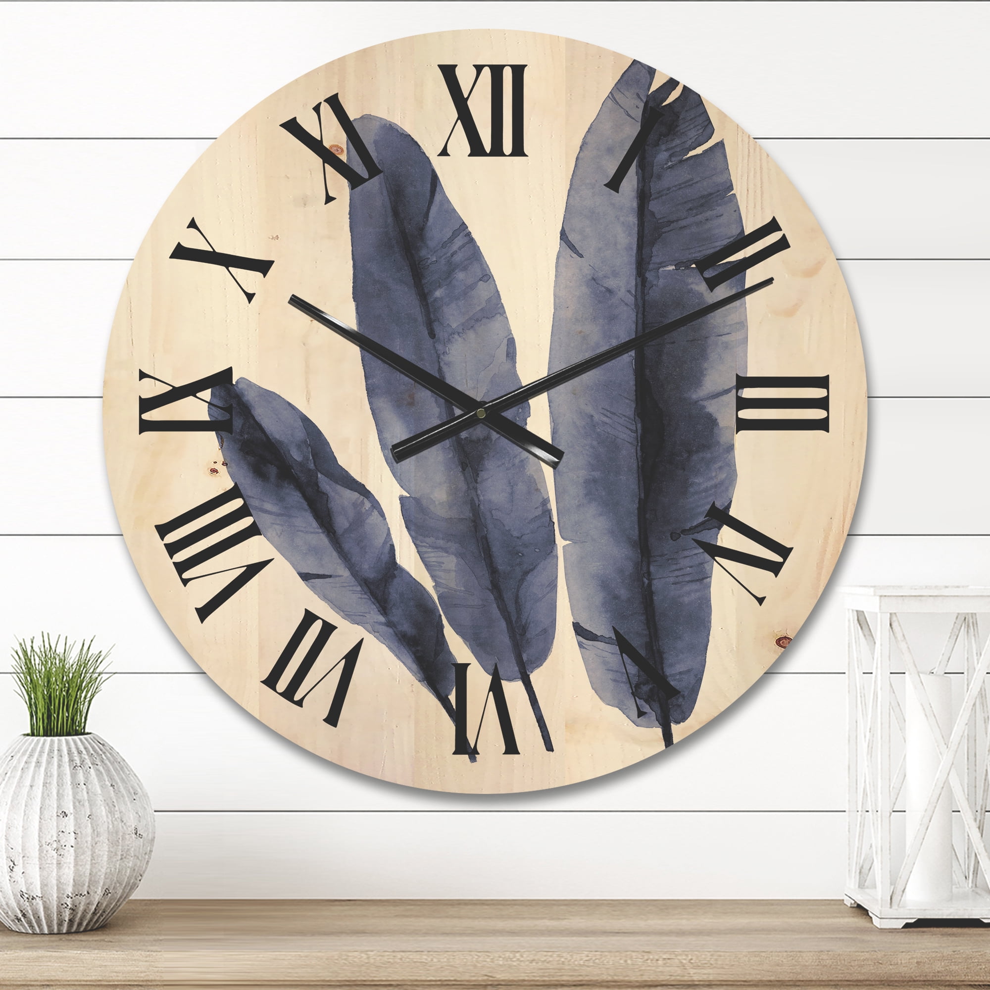 Designart 'Navy Blue Tropical Banana Leaves On White' Tropical Wood Wall Clock