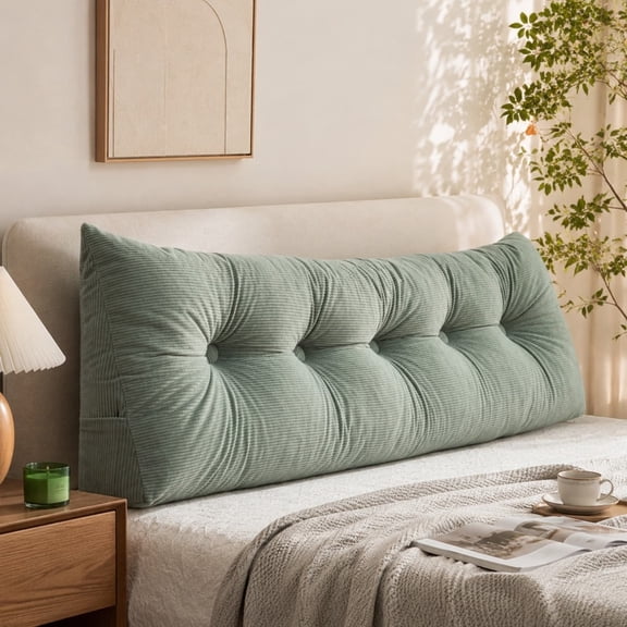 80 cm (31.5 in) Green Tufted Bed Wedge Headboard Pillow, Upholstered Backrest Cushion with Button Detail and Supportive Triangular Shape, For Bed, Sofa, Daybed, Reading, Sitting and Bedroom Decor