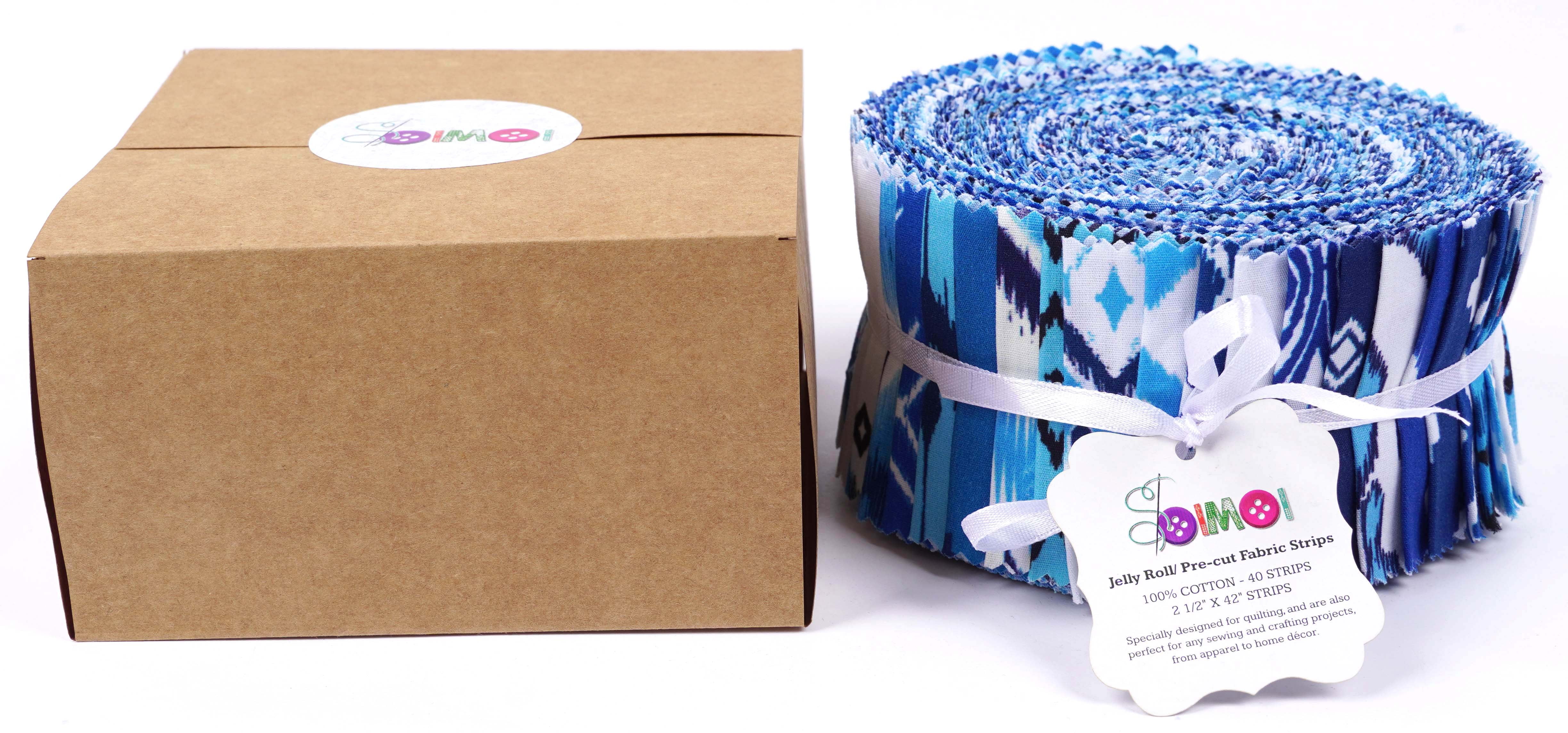 Soimoi 40Pcs Ikat Print Cotton Precut Fabrics For Quilting Craft Strips 2.5x42inches Jelly Roll - Blue