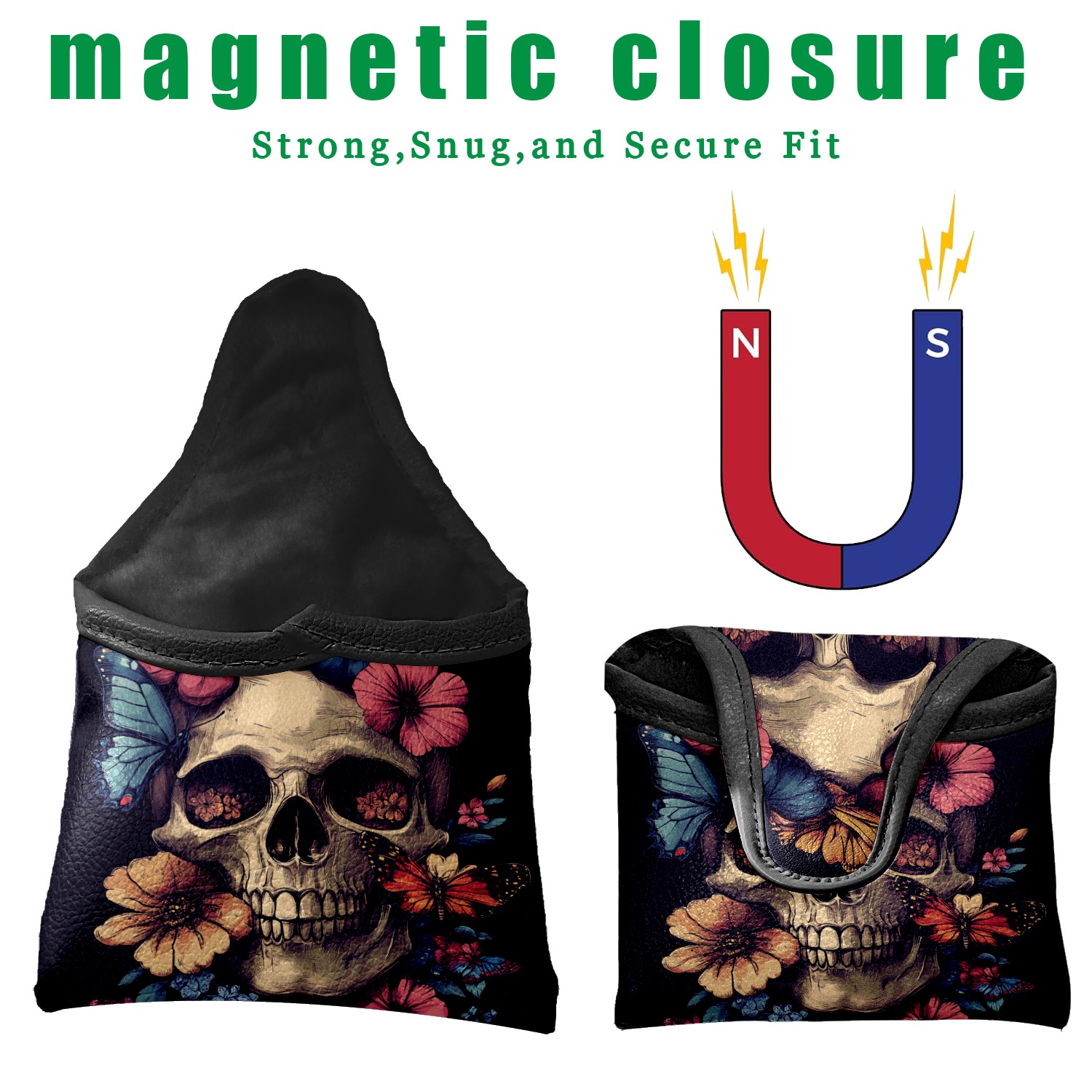 Golf Mallet Putter Cover Premium Leather Waterproof Golf Putter Head Cover with Magnetic Closure Skull with Butterflies and Flowers