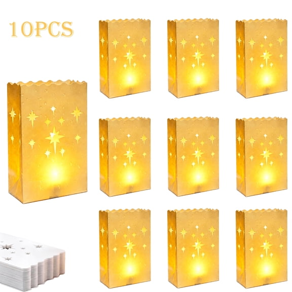 10 Pcs White Luminary Bags, Upgraded Moisture-Proof Candle Bags, Stars Design Luminaries for Wedding, Party, Halloween, Thanksgiving, Christmas