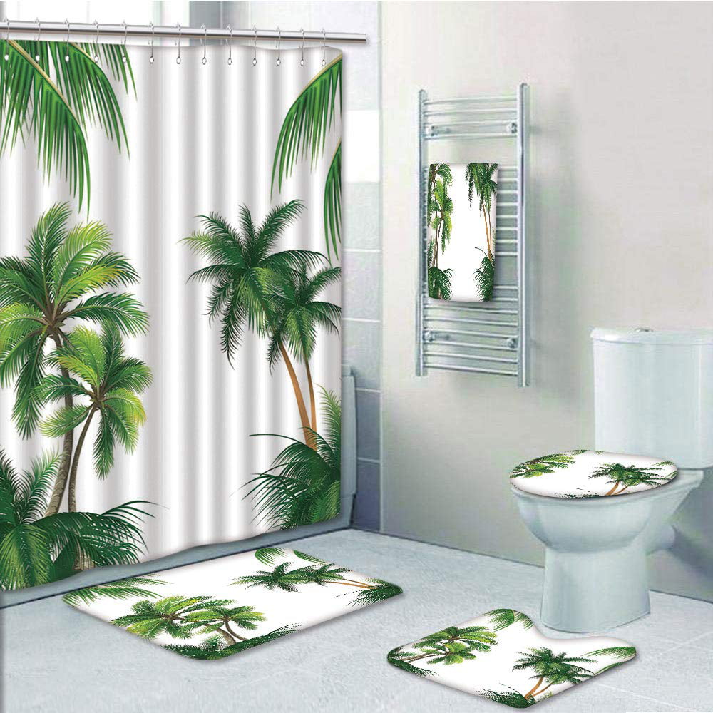 Sea Island Palm Tree Shower Curtain Bath Mat Toilet Cover Rug Bathroom Decor Set 