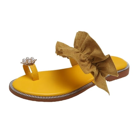 

Gzea Beach Sandals Ladies Fashion Summer Bohemian Style Solid Color Pearl Sleeve Toe Flat Beach Sandals Yellow 38