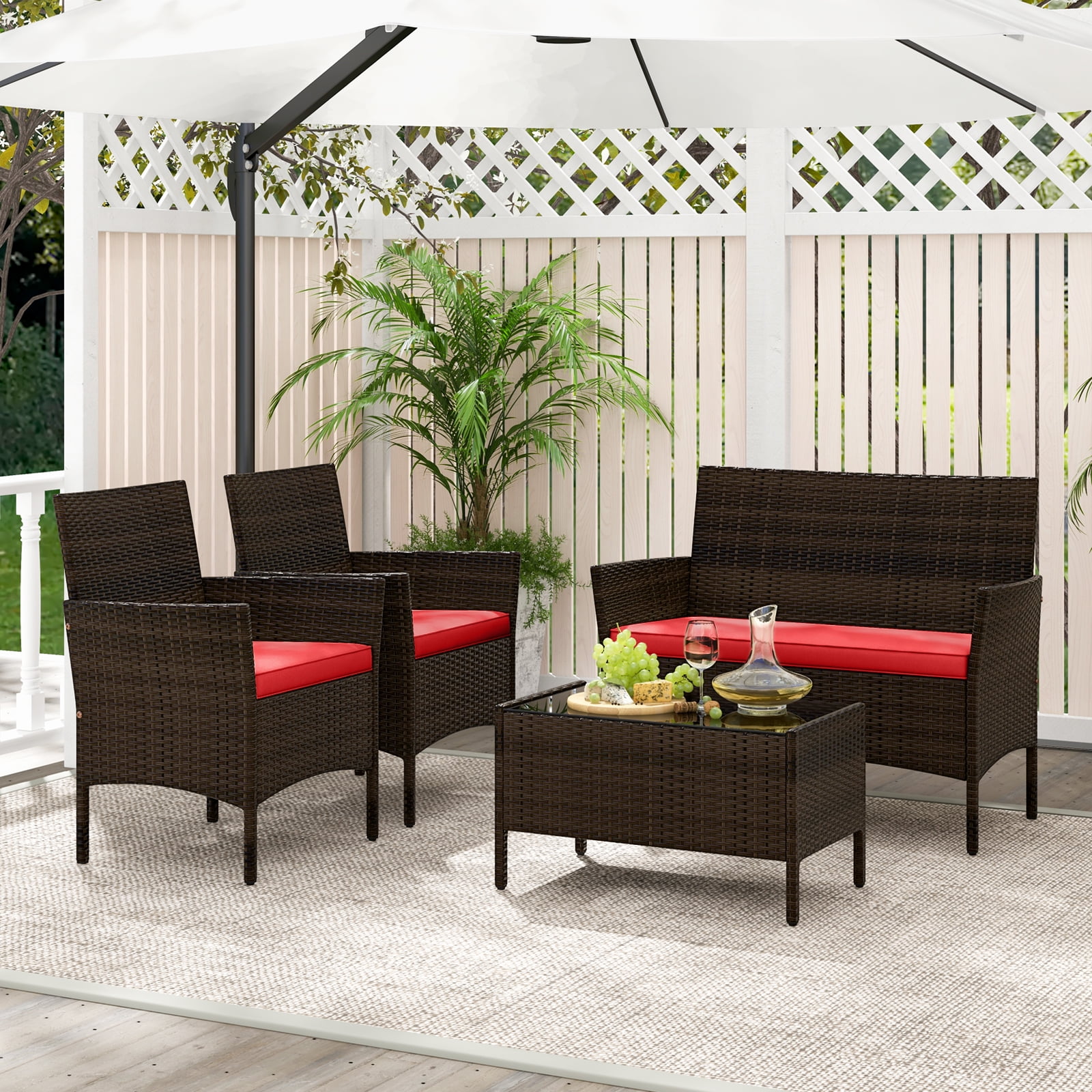 Gymax 4PCS Outdoor Furniture Set Patio Rattan Conversation Set w/ Red Cushion