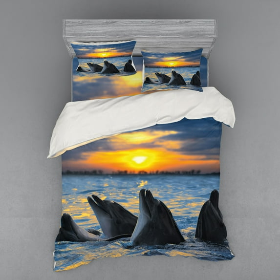 Ambesonne Animal Bedding Set 4 Pcs, Bottle Nosed Dolphins, Queen, Blue Grey Orange