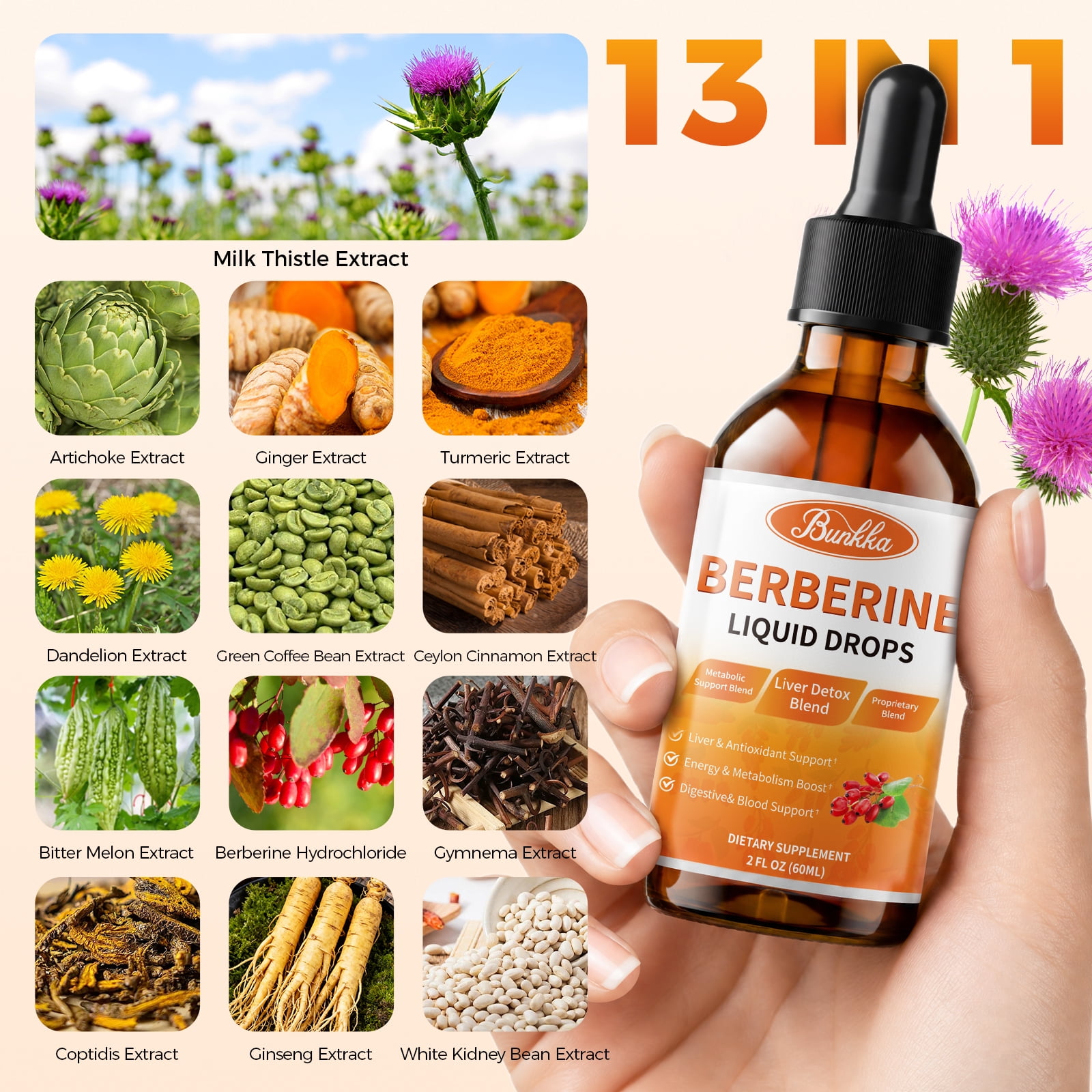 Berberine Liquid Drops with Ceylon Cinnamon, Bitter Melon, Ginger,Turmeric -Berberine Supplement - Pineapple Flavor - 2 FL OZ