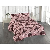 Ambesonne Floral Quilted Bedspread Set 3 Pcs, Romance Painting Roses Print, Twin, Dark Maroon Pale Pink