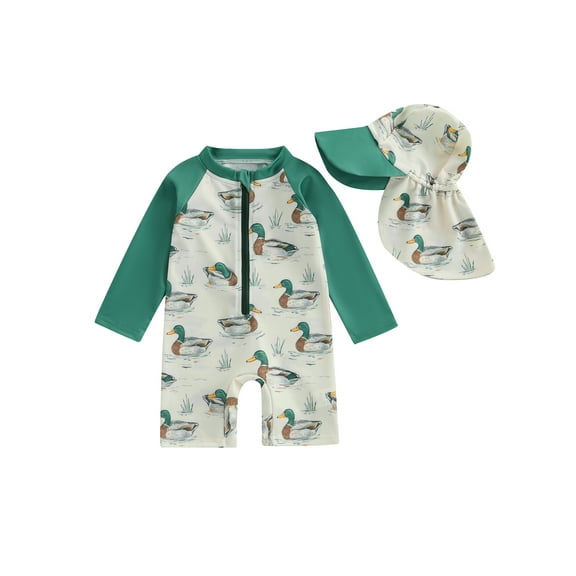 FeMereina Toddler Baby Boy Mallard Swimsuit Kids Rash Guard Long Sleeve One Piece Bathing Suit Duck Hunting Swimwear with Hat