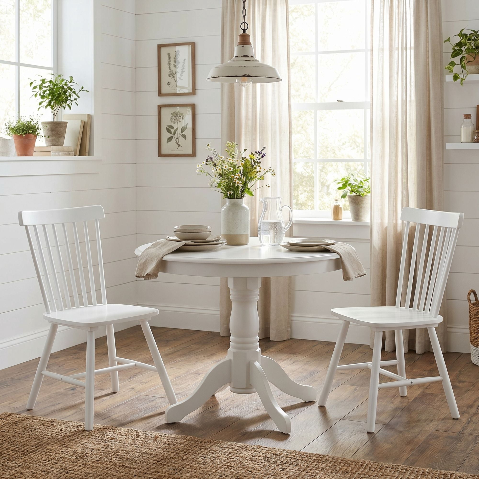 Dayalane Farmhouse Windsor Dining Chairs Set of 2, Solid Wood Spindle Back Dining Side Chairs, Mid-Century French Country Oak Kitchen Chairs for Dining Room Living Room Kitchen Restaurant, White