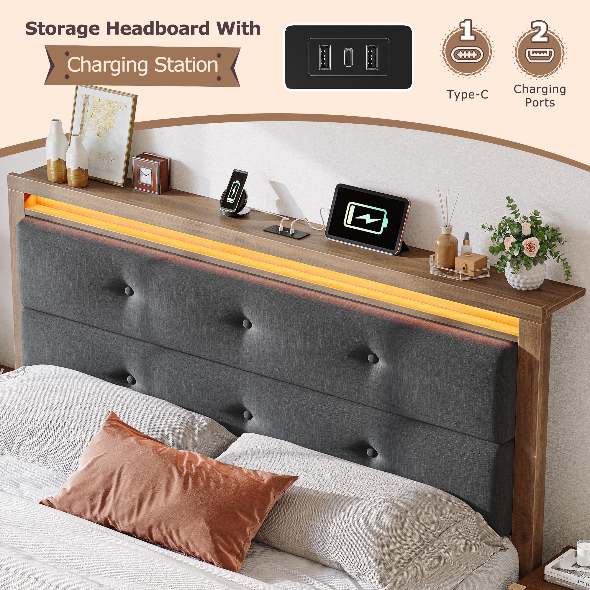 King Size Bed Frame with Headboard & Charging Station & LED Lights Upholstered Bed Frame with Storage Platform Wood Bed