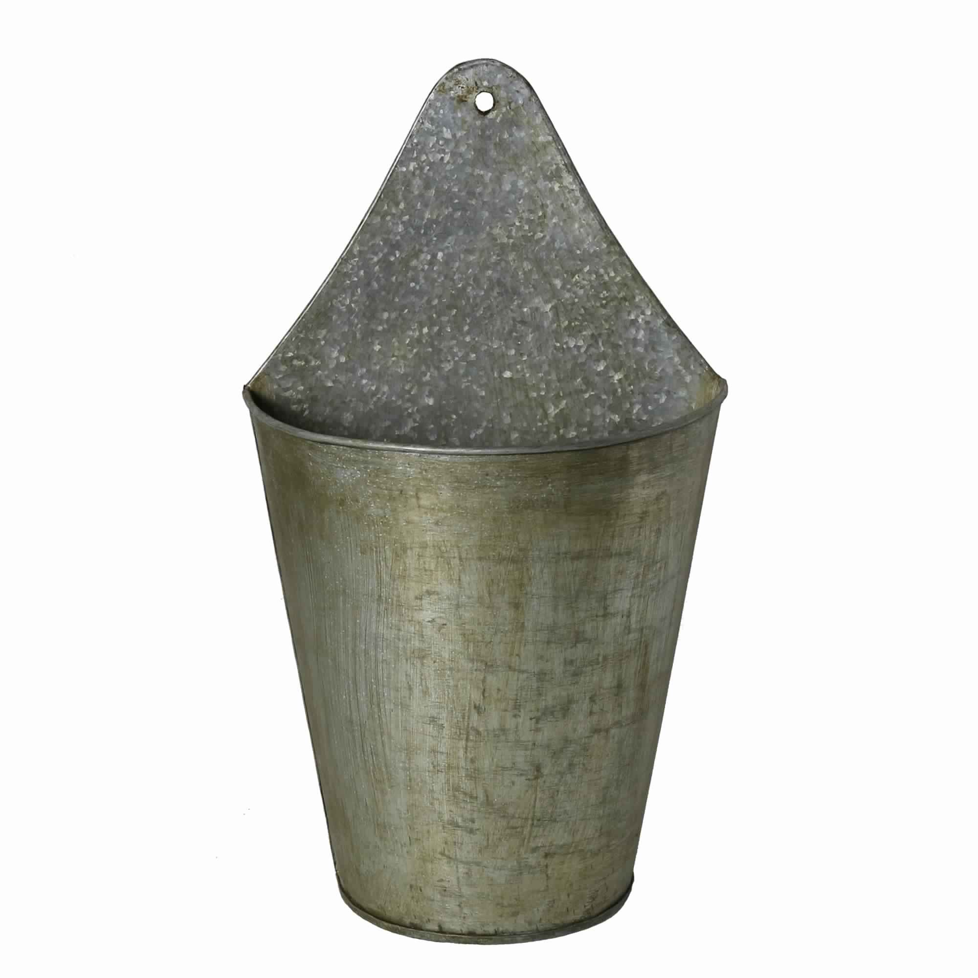 Metal Wall Bucket with Round Tapered Body and Triangular Top, Gray