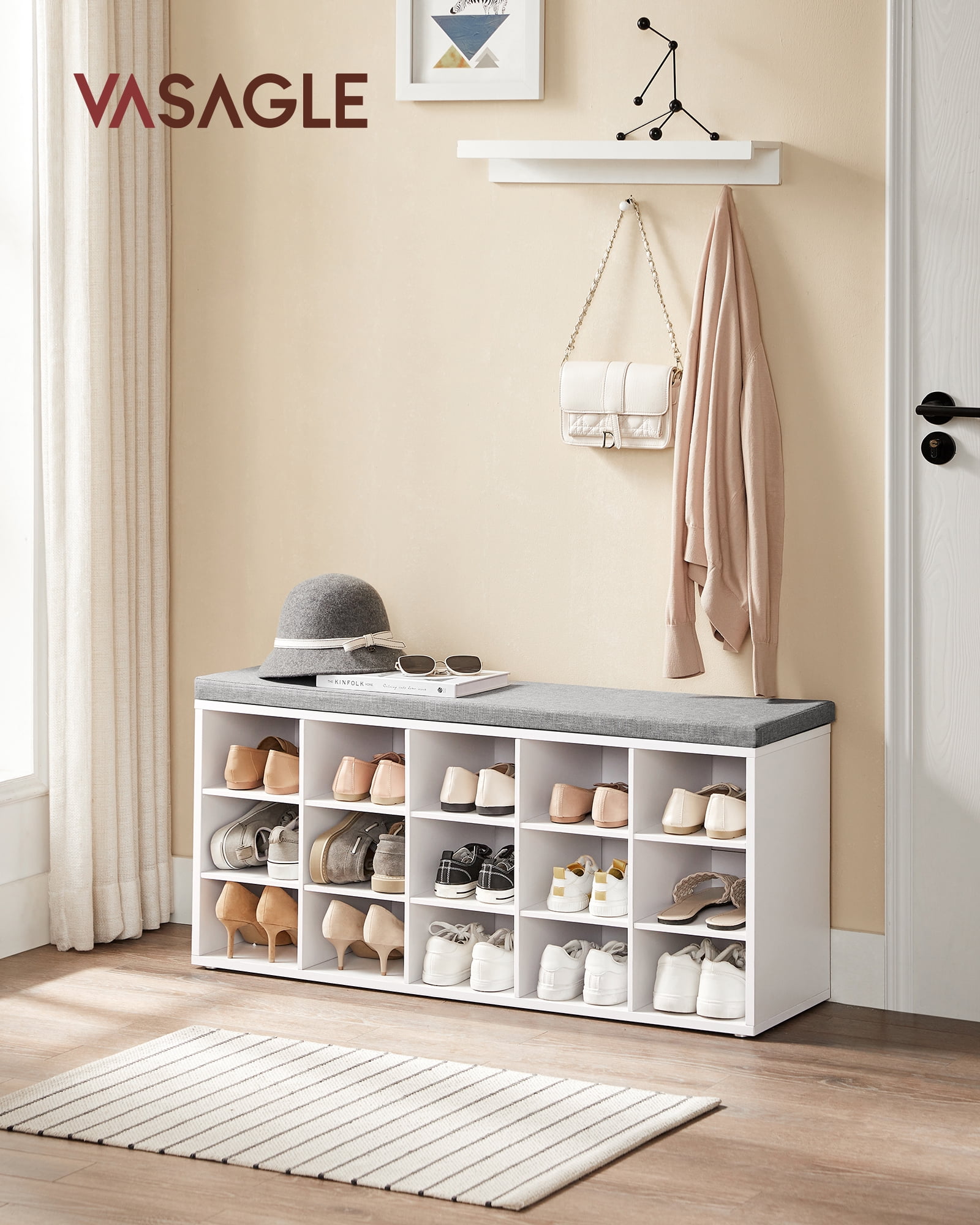 Shoe Rack Bench with Cushion 15 Compartments Sturdy Storage Bench Sturdy Shoes Bench for Entryway White