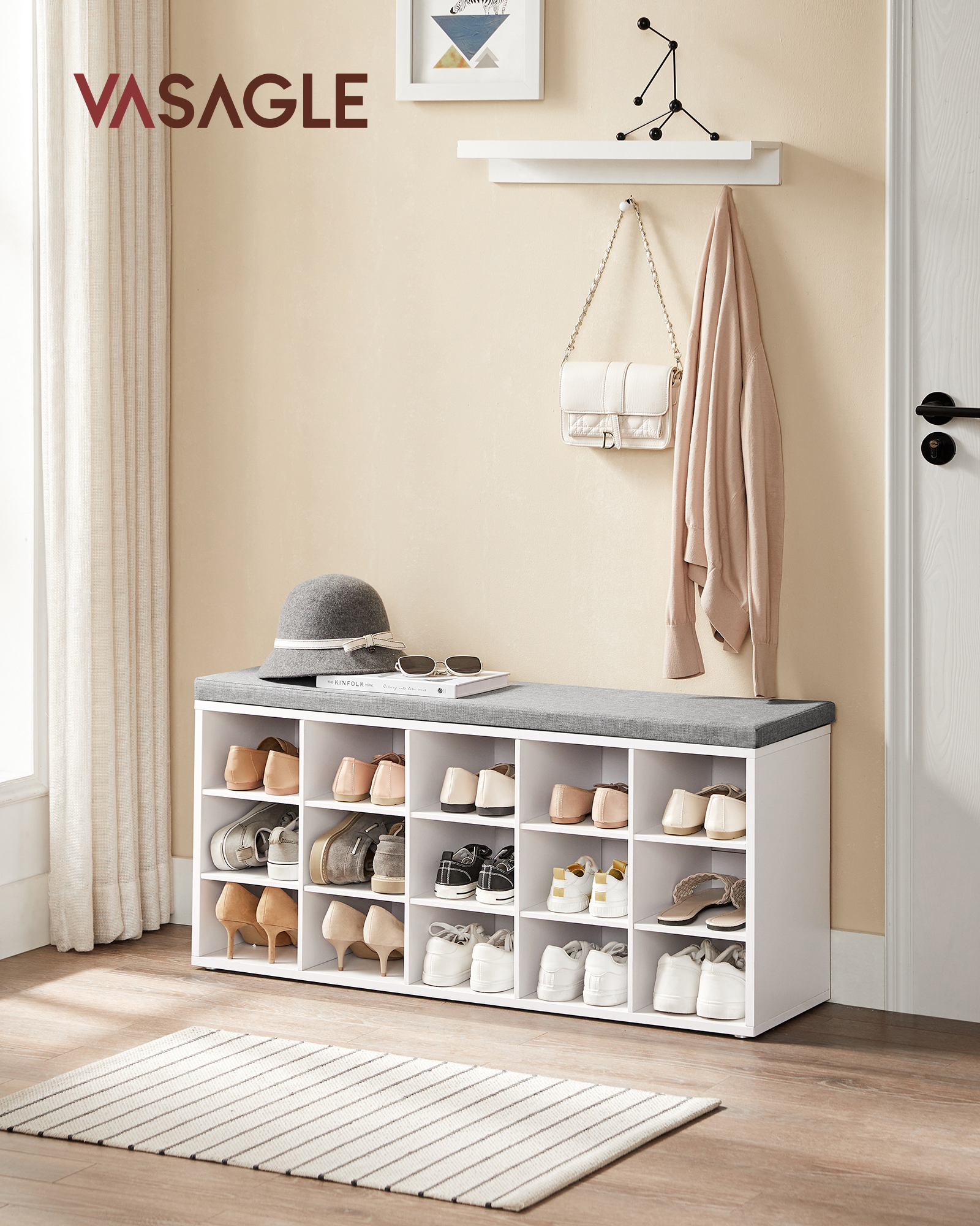 Vasagle Shoe Rack Bench with Cushion, White photo 2