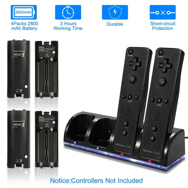 iMountek 4 Remotes Charging Dock Game Controller Charger for Wii Nintendo Black