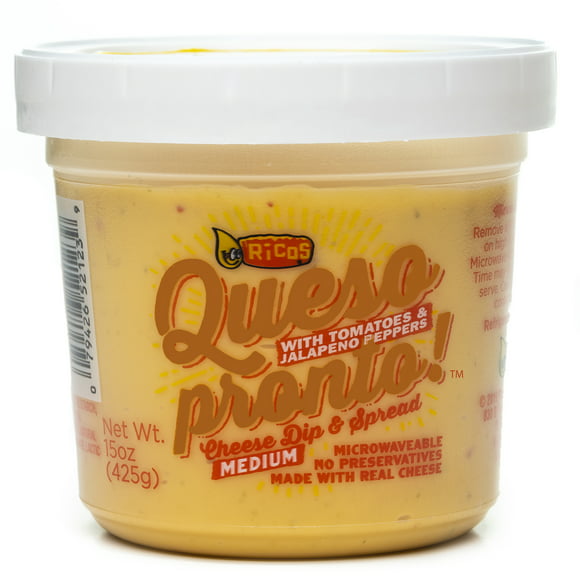 Ricos Queso Pronto Medium Yellow Cheese Dip & Spread with Tomato and Jalapeno, 15 oz Tub, Shelf-Stable
