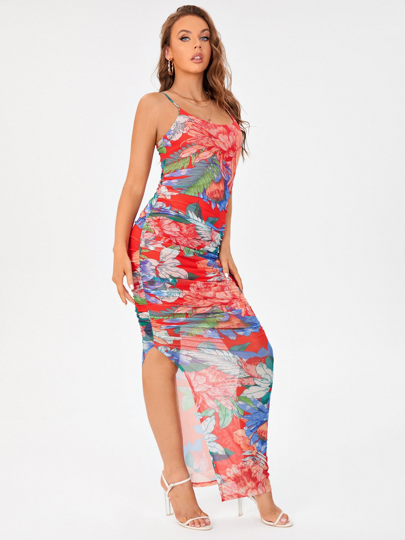 Women's Tall Floral Print Ruched Split 