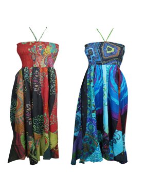 Mogul Women's Cotton Halter Sundress Colorful Boho Chic Beach Breeze Long Dresses