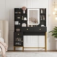 thumbnail image 1 of Makeup Vanity and Stool – White Vanity Desk with 3-Color LED Lights, Charging Station & Display Cabinet, 1 of 5