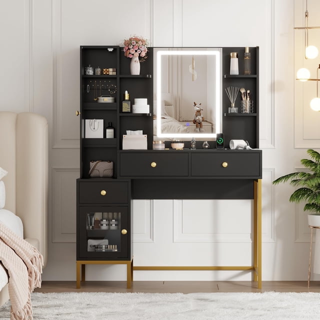 Makeup Vanity and Stool – White Vanity Desk with 3-Color LED Lights, Charging Station & Display Cabinet