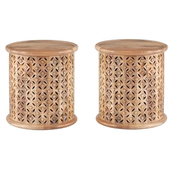 Home Square Wood Hand Carved Side Table in Natural - Set of 2