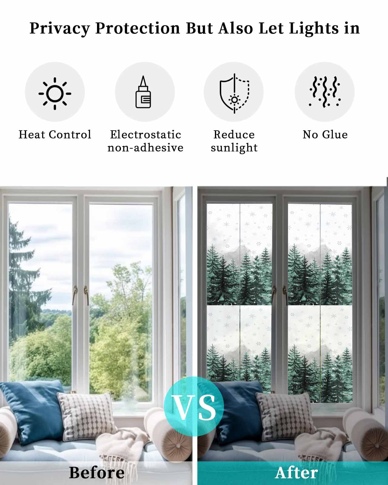 Green Christmas Tree Window Privacy Film Stained Glass Window Film Decorative Windows Cover Static Windows Cling for Glass Door Xmas Snowflake Forest Stickers for Bathroom 17.7"x78.7"