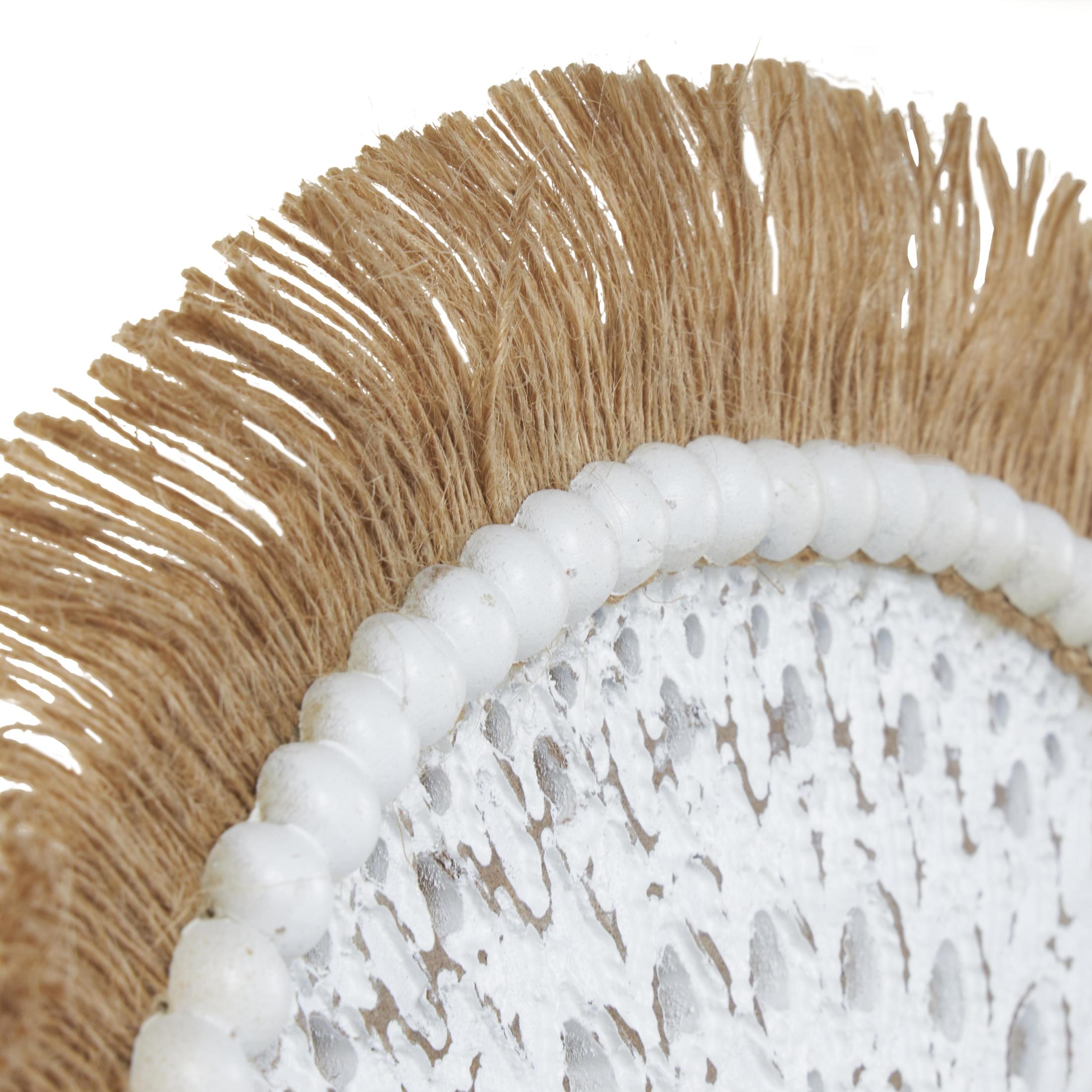 14" x 18" White Wooden Handmade Seagrass Fringed Tribal Sculpture with Black Base, by DecMode