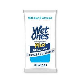 Wet Ones Plus Alcohol Hand Sanitizing Wipes Travel Pack, 20 Ct, Kills 99.99% of Germs, With Aloe &  E