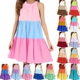 thumbnail image 4 of FAIWAD Girls Summer Dresses Sleeveless Ruffle Tiered Midi Casual Sundress Kids Cute Color Block Beach Party Dress, 4 of 4