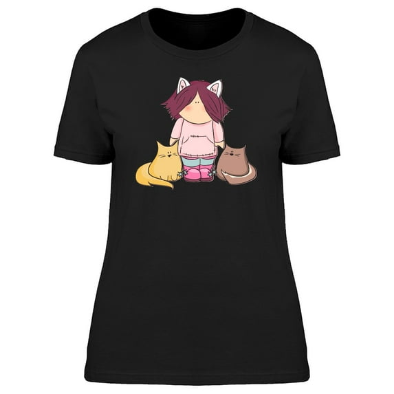 Cartoon Girl With Cats Tee Women's -Image by Shutterstock