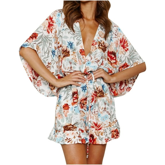 Babysbule Jumpsuit for Women Women V-Neck Jumpsuit Drawstring Pants Wide Leg Short Printing Rompers Overalls