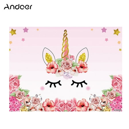Andoer 1.5 * 2.1m/5 * 7ft Birthday Party Photography Background Pink Flower Cartoon Unicorn Kid Baby Infant Girl Backdrop Photo Studio