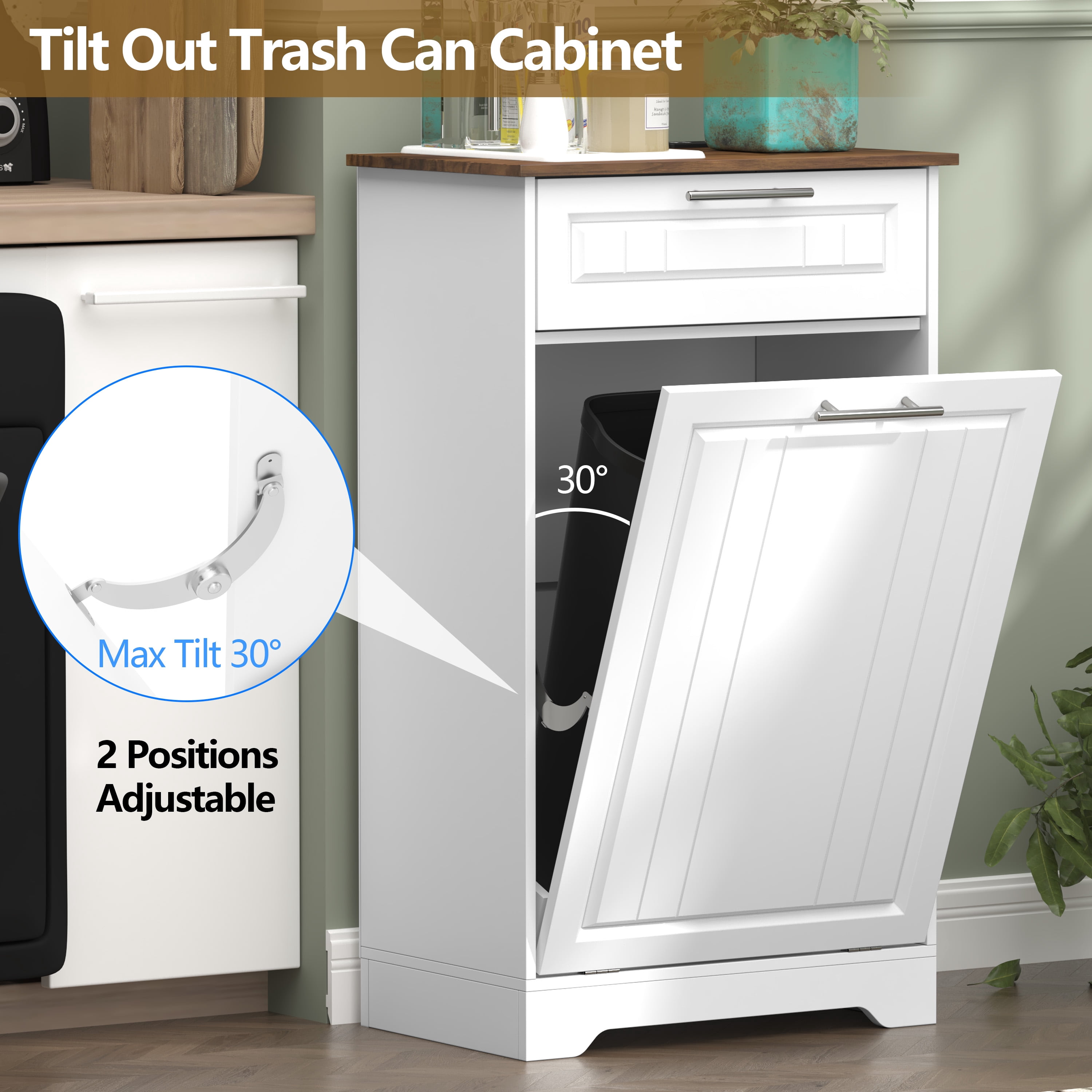 Single 10 Gallon Tilt Out Trash Can Cabinet with Deodorizing Function, Wooden Hidden Garbage Can Holder with Storage Drawers for Kitchen and Dining Room, Laundry Hamper Cabinet for Bathroom, White
