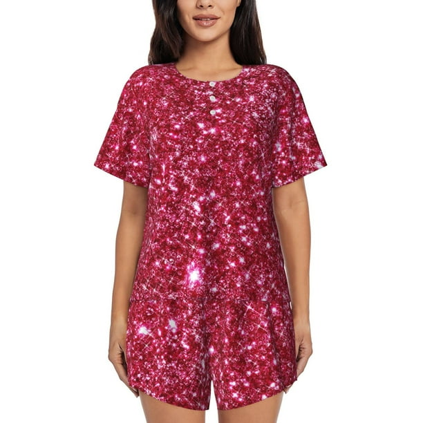 Fotbe Pink Glitter Conjunto de Pijama Estampado para Mujer, 2 Piezas, Ropa de Dormir con Camiseta de Manga Corta y Shorts Suaves-Small
