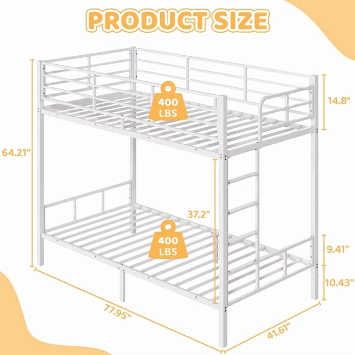 Alvantor 400 lb Capacity Twin Over Twin Metal Bunk Bed with Full-Length Guardrails and Side Ladder, White