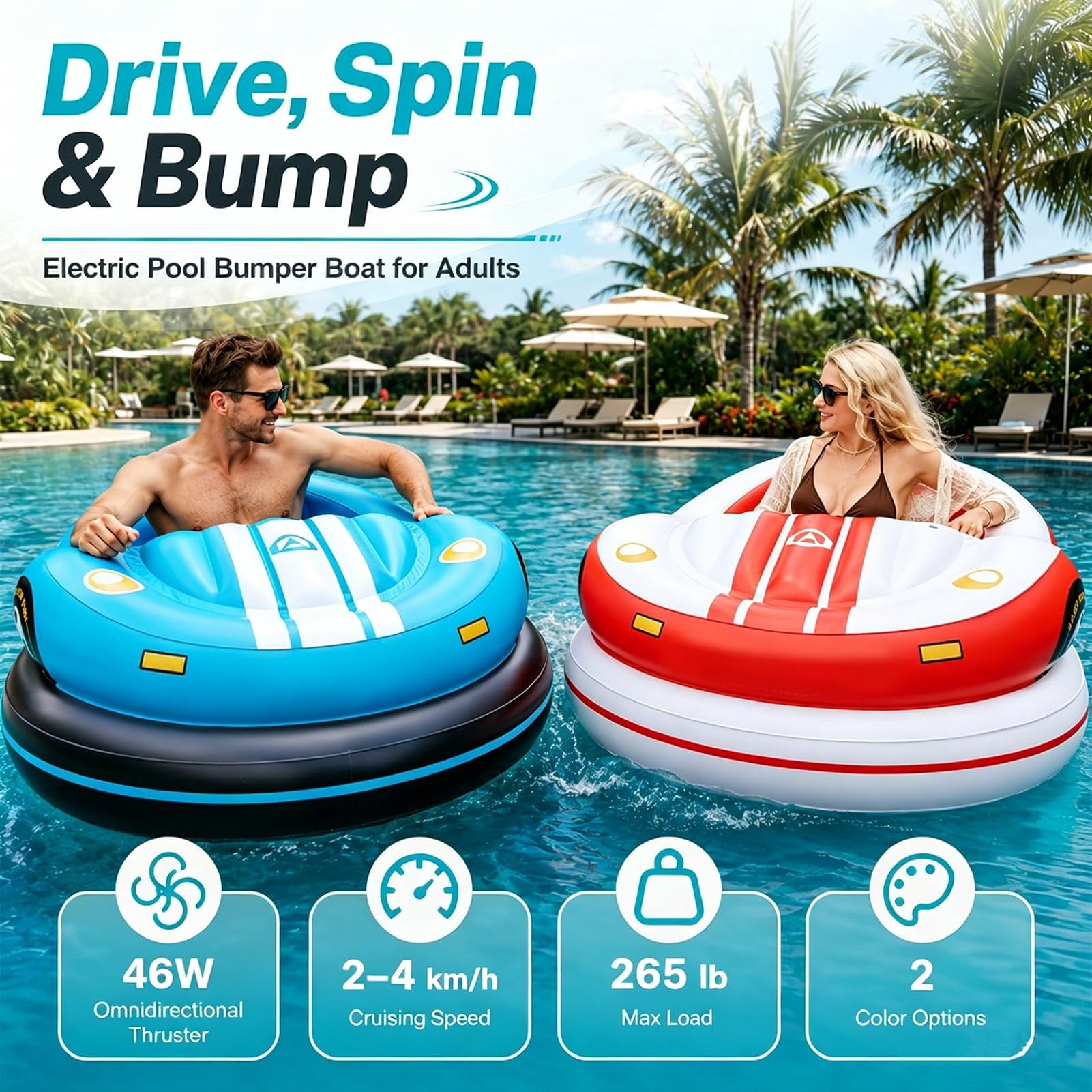 Inflatable Car Boat - Motorized Bumper Boats for Pool, Motorized Pool Lounger for Adults,Spin & Turn,Wide Stable Base,Cordless Air Pump Included (Red)