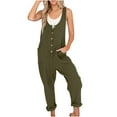 thumbnail image 2 of Women's Casual Tank Top Jumpsuit Summer Button Down Harem Leg Jumper with Pocket Loose Roll-Up Pants Athletic Overalls, Army Green, XL, 2 of 7