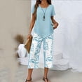 thumbnail image 5 of Snorda Pants Set for Women Short Sleeve Irregular Hem Top High-Waisted Leaf Print Capris Pants Summer Ladies Casual Matching Loungewear Outing Set, 5 of 6