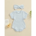 thumbnail image 5 of Yunliwuli Newborn Girl Outfit, Short Sleeve Crew Neck Solid Bodysuit with Bowknot Headband Summer Clothes, 5 of 10