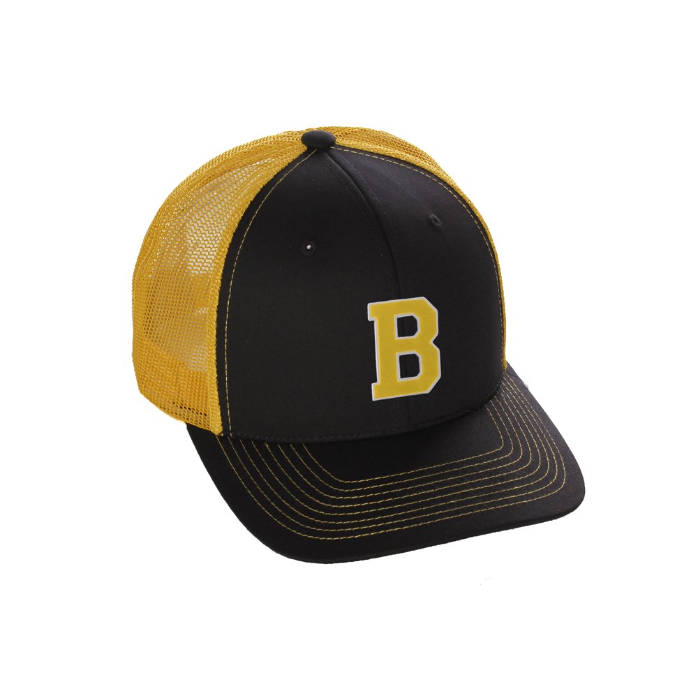 Structured Trucker Mesh Hat Custom Colors Letter B Initial Baseball Mid Profile (Black Gold